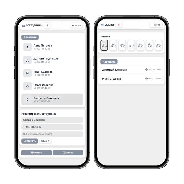 Сотрудники и смены